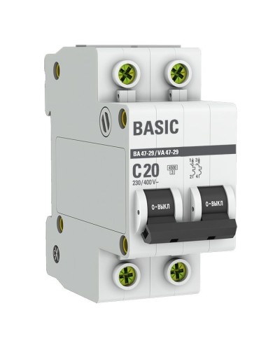 Автоматический выключатель 2P 20А (C) 4,5кА ВА 47-29 Basic (mcb4729-2-20C). Автоматический выключатель. EKF в Нефтекамске